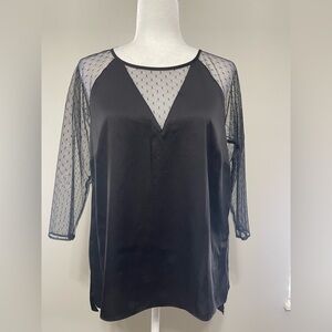 Women's Large Long Sleeve Black Sheer Mesh Top Gothic Witchy Sheer Blouse Satin